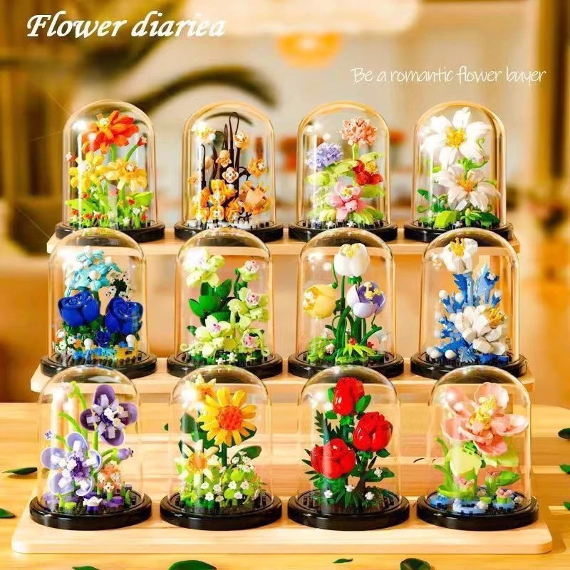 Flower Bouquet Bonsai Building Blocks with Dome Bell Jar