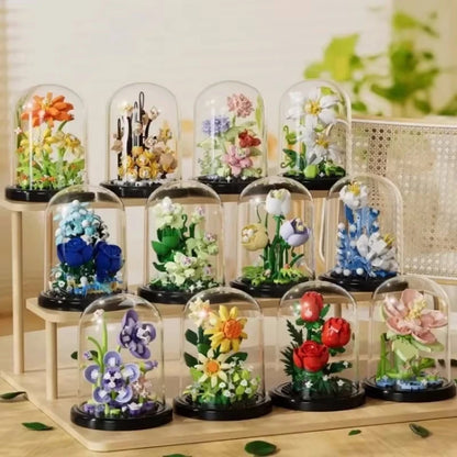 Flower Bouquet Bonsai Building Blocks with Dome Bell Jar