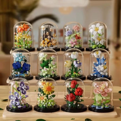 Flower Bouquet Bonsai Building Blocks with Dome Bell Jar