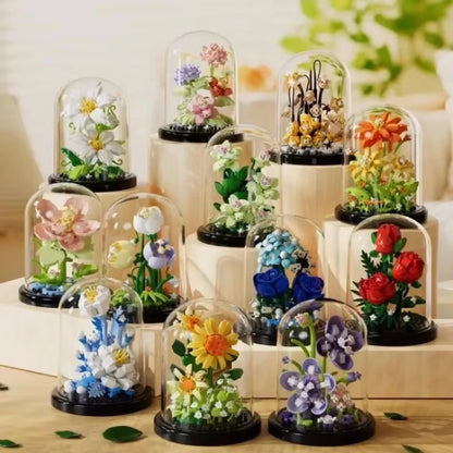 Flower Bouquet Bonsai Building Blocks with Dome Bell Jar