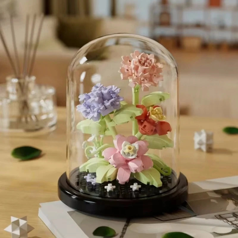 Flower Bouquet Bonsai Building Blocks with Dome Bell Jar